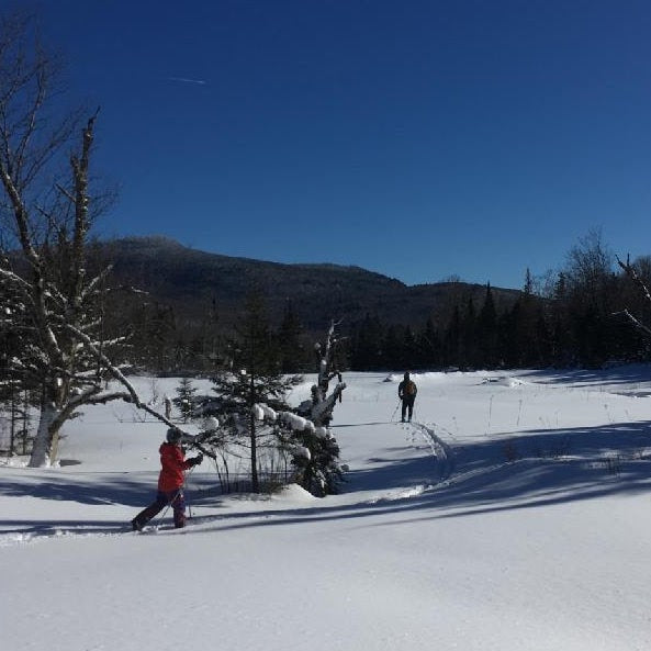 two skiers in a snowy field with rolling hills in the background on a blue sky day